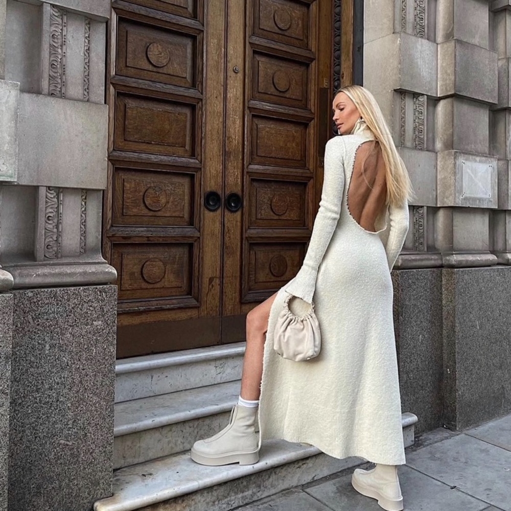 Chic Cream Long Sleeve Turtleneck Dress